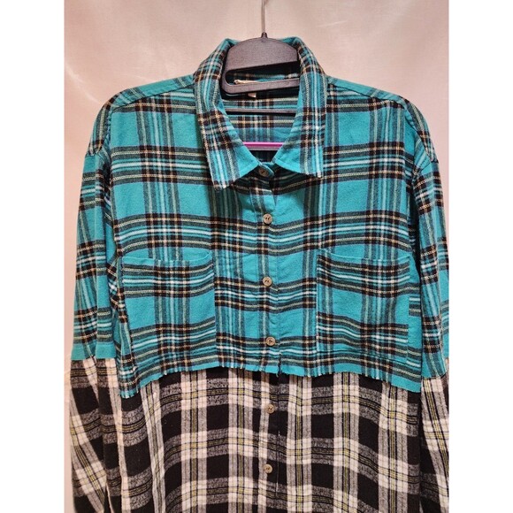 La Miel Womens Large Green Shirt Colorblock Plaid Flannel Shacket Farm Western - Picture 11 of 16